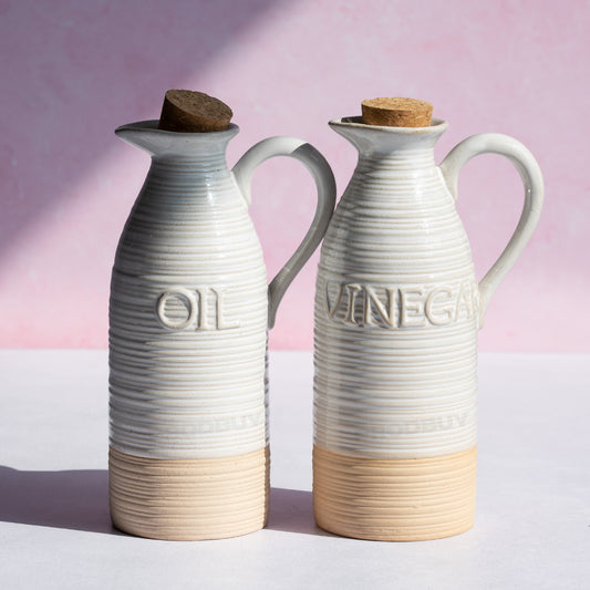 Set of 2 Stoneware Oil & Vinegar Jars 450ml Ribbed Pourer Bottles