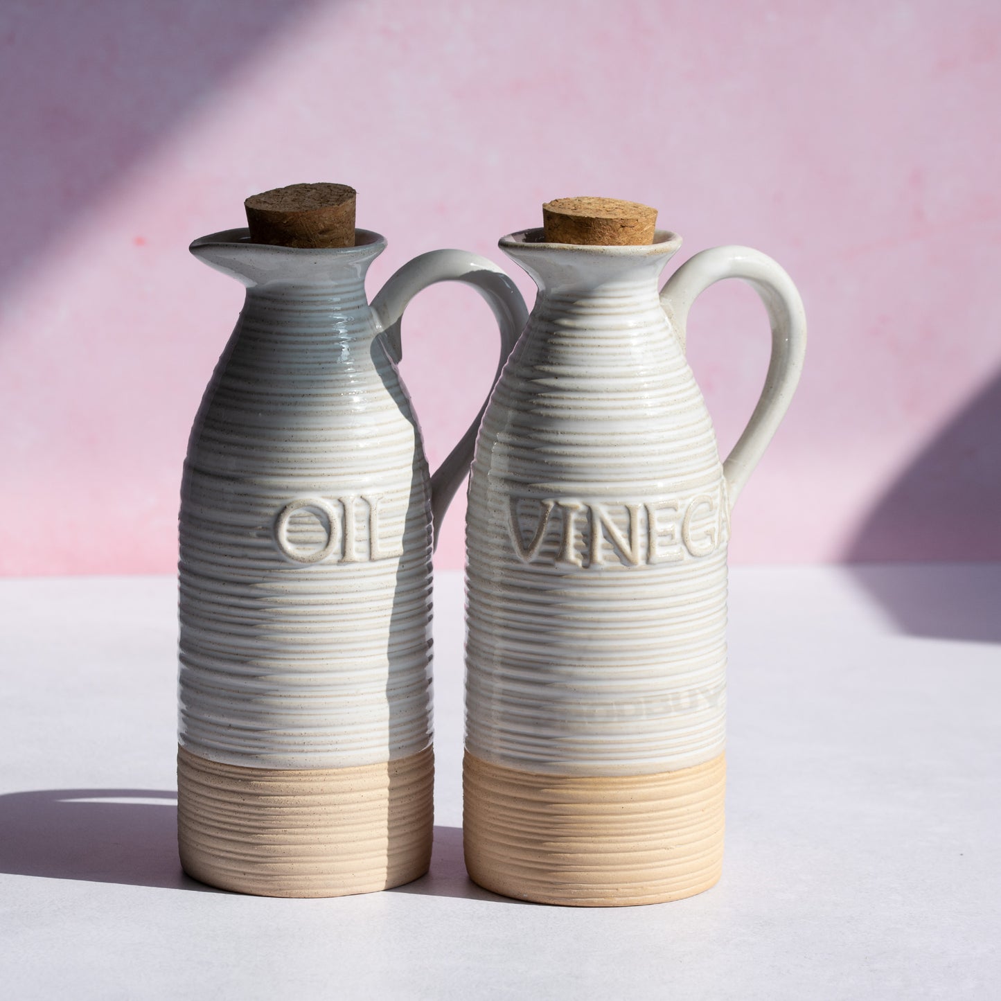 Set of 2 Stoneware Oil & Vinegar Jars 450ml Ribbed Pourer Bottles