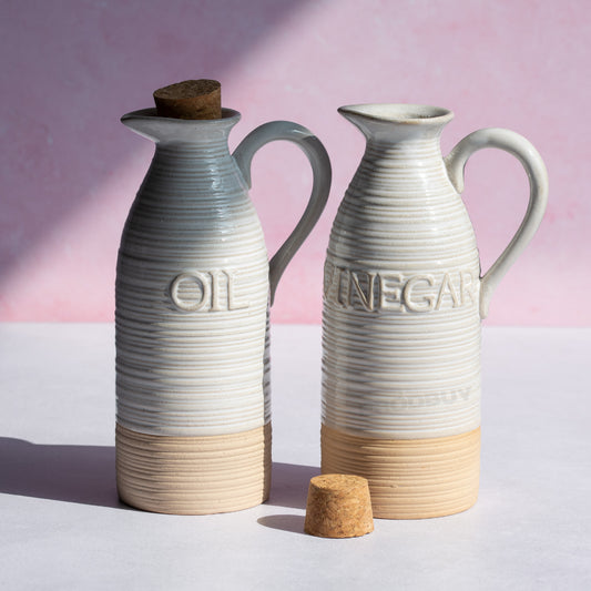 Set of 2 Stoneware Oil & Vinegar Jars 450ml Ribbed Pourer Bottles