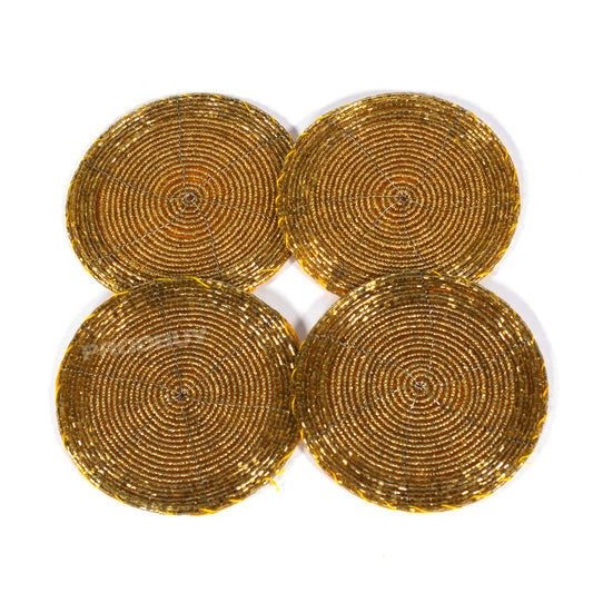 Set of 4 Gold Colour Coasters with Glass Bead & Fabric Design