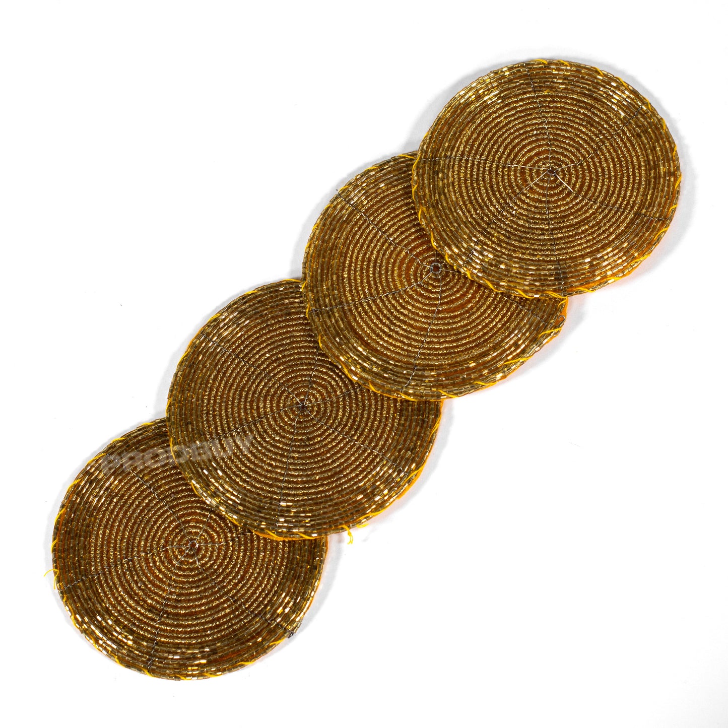 Set of 4 Gold Colour Coasters with Glass Bead & Fabric Design