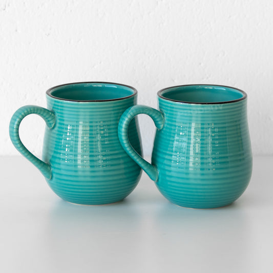 Set of 2 Aqua Blue Ribbed Barrel Coffee Mugs