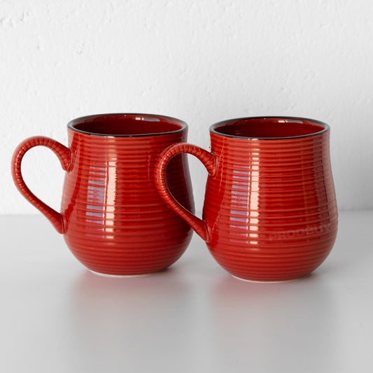 Set of 2 Red Ribbed Barrel Coffee Mugs