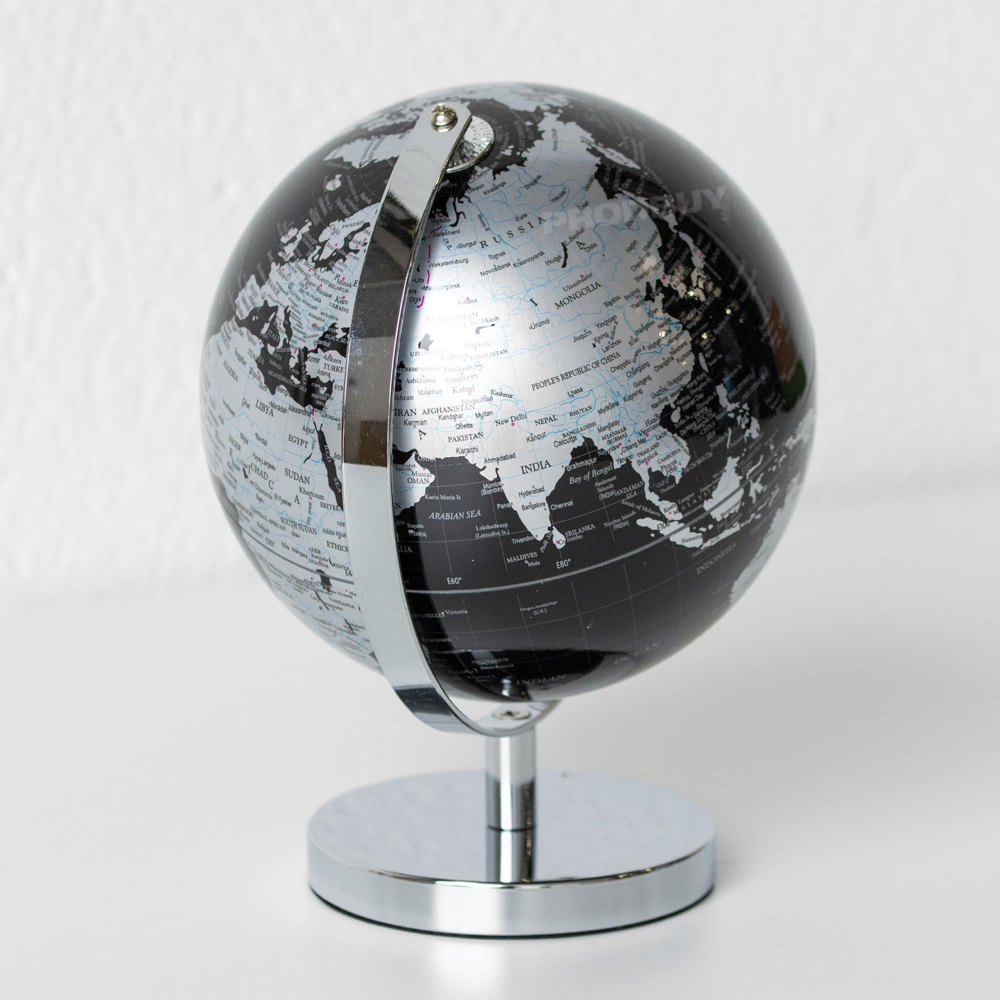 Black & Silver World Map Globe Ornament 18.5cm