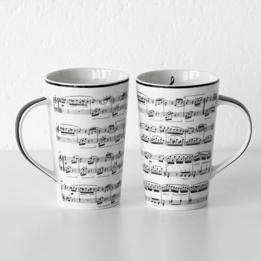 Set of 2 Music Sheet Tall Latte Coffee Mugs
