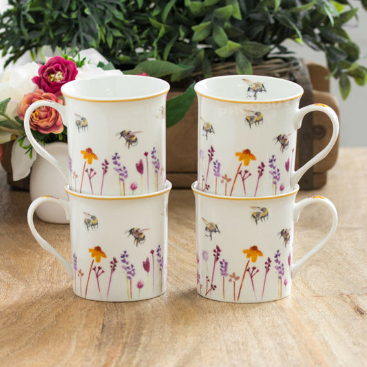 Set of 4 Floral Bee Coffee Mugs with Gift Box