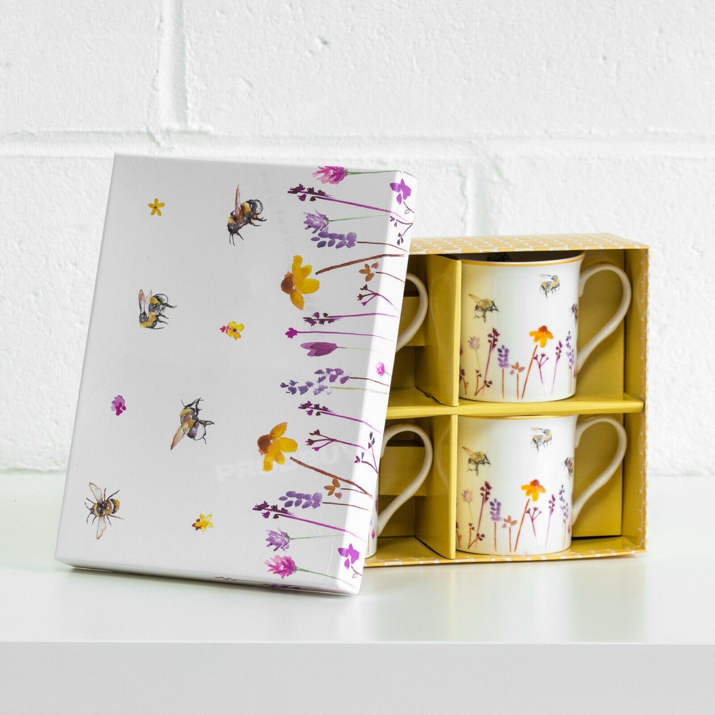 Set of 4 Floral Bee Coffee Mugs with Gift Box