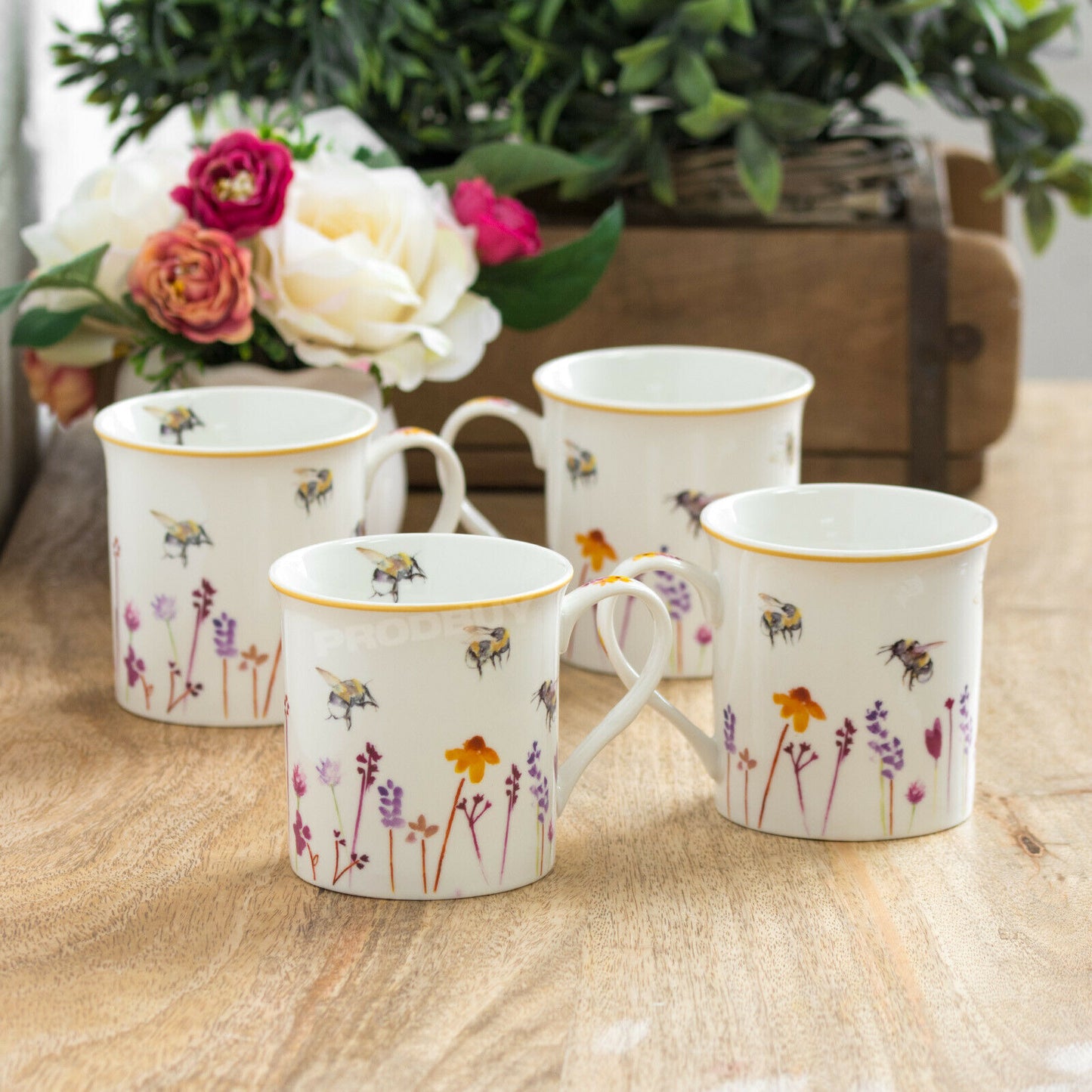 Set of 4 Floral Bee Coffee Mugs with Gift Box