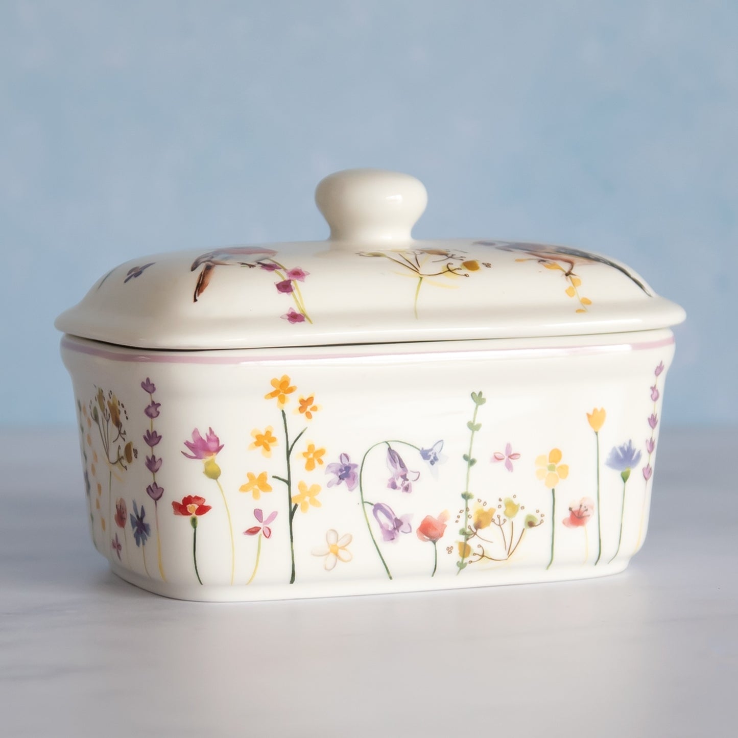 Floral Garden Birds Butter Dish with Lid