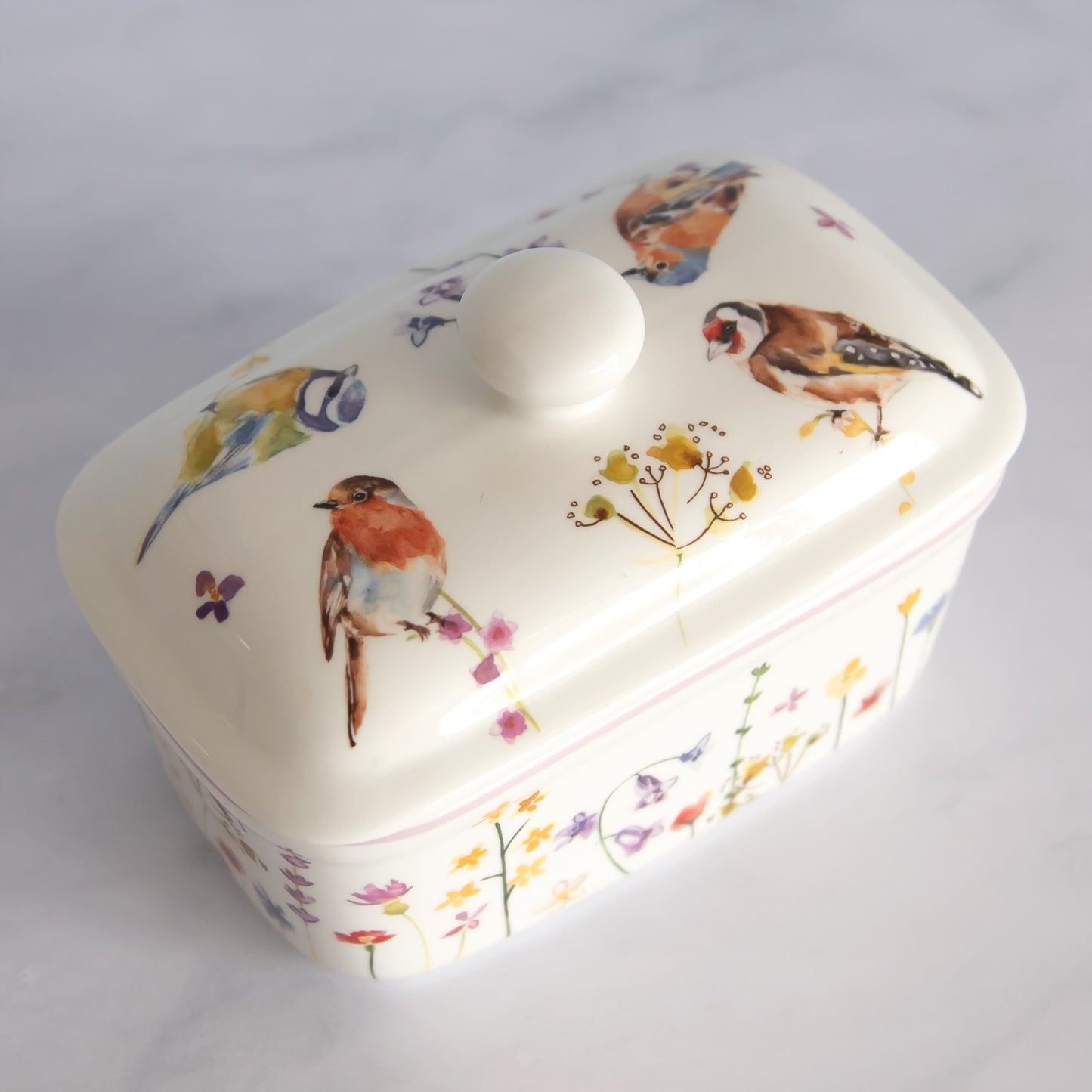 Floral Garden Birds Butter Dish with Lid