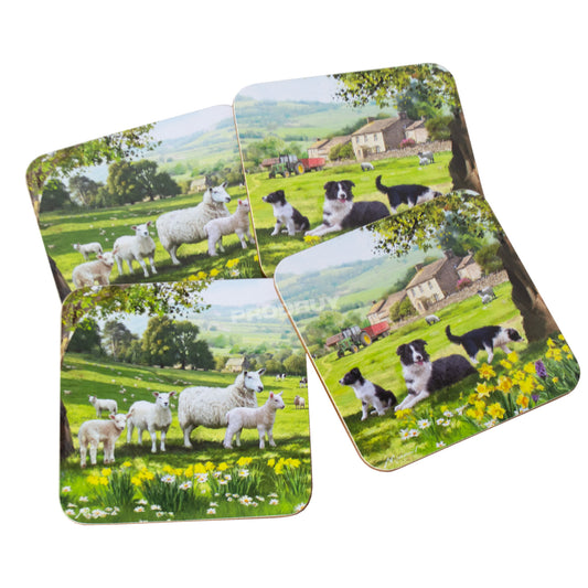 Pack of 4 Sheep & Border Collie English Farm Coasters