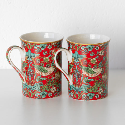 Set of 2 Red Floral 'Strawberry Thief' Coffee Mugs