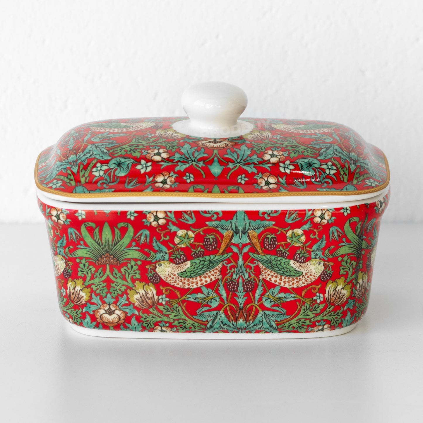 Red 'Strawberry Thief' Ceramic Butter Dish with Lid