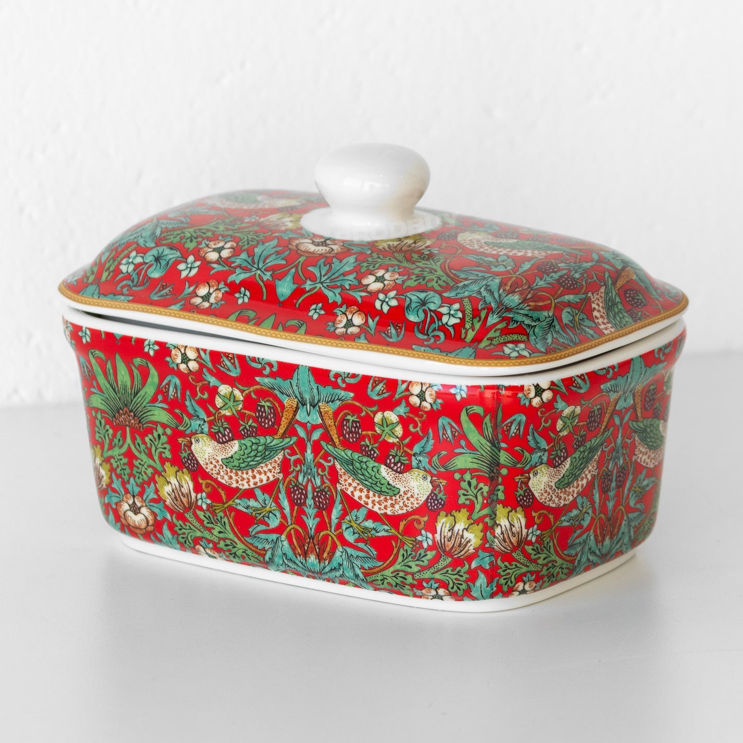 Red 'Strawberry Thief' Ceramic Butter Dish with Lid