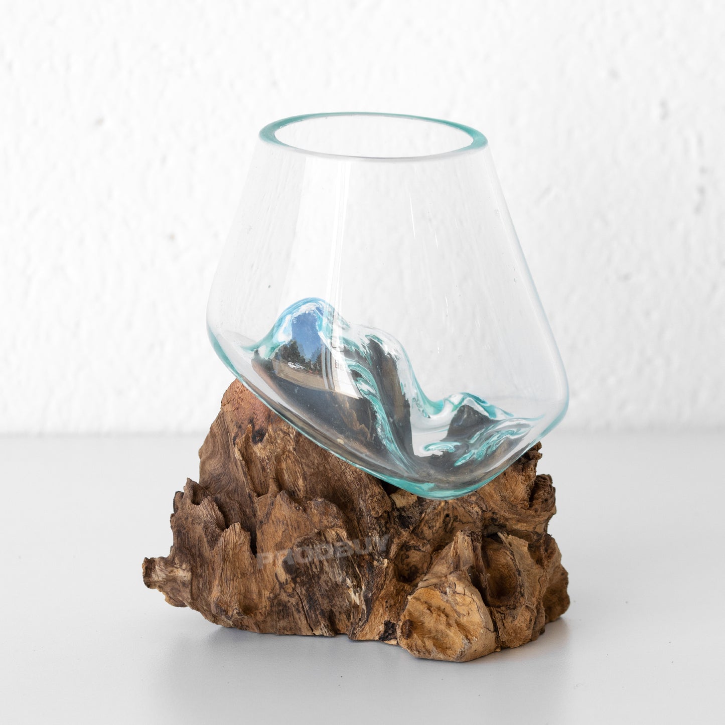 Molten 10cm Glass Bowl on Natural Rustic Teak Root Wood Stand