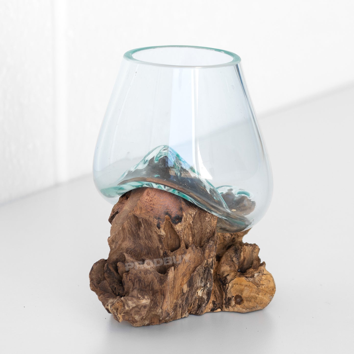 Molten 10cm Glass Bowl on Natural Rustic Teak Root Wood Stand