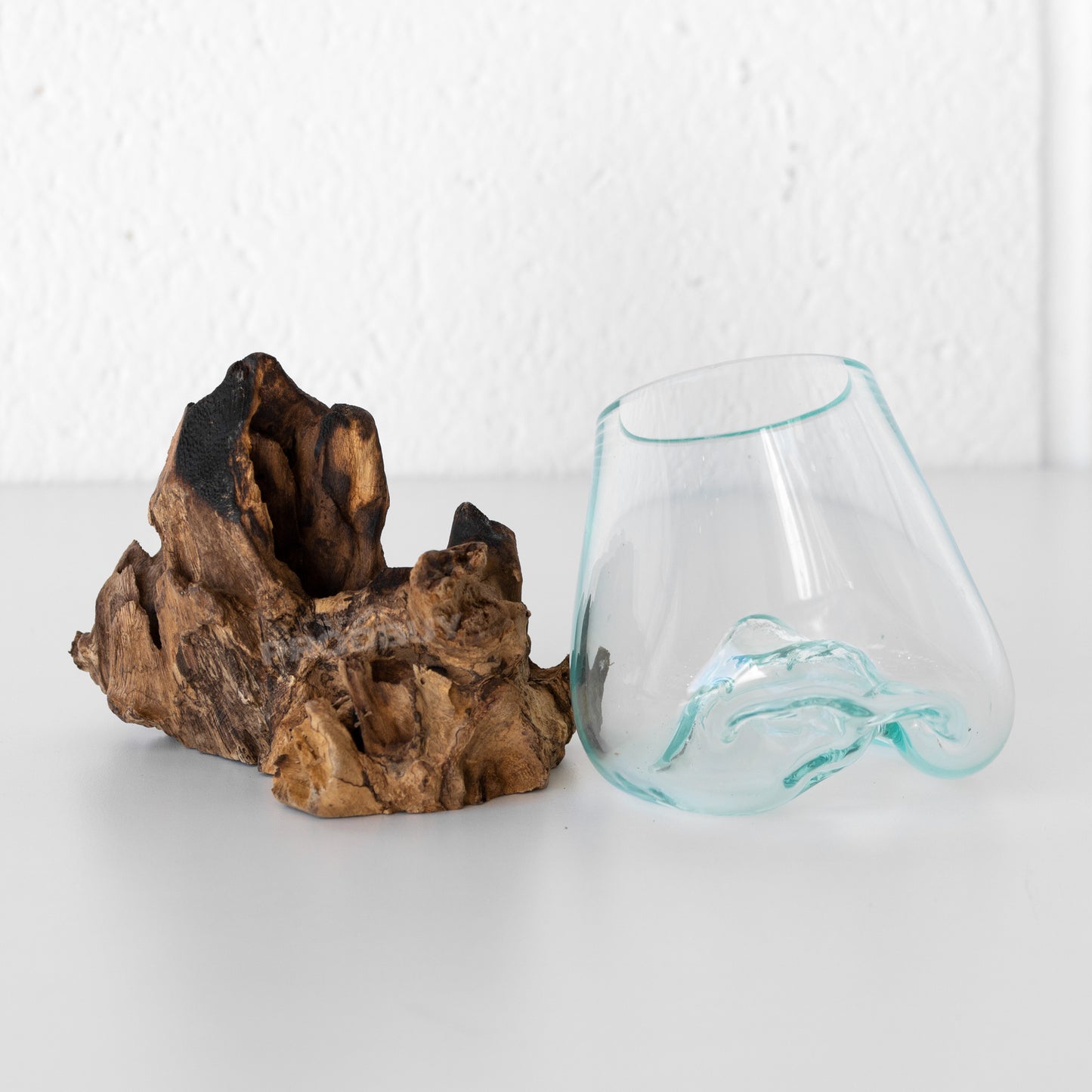 Molten 10cm Glass Bowl on Natural Rustic Teak Root Wood Stand