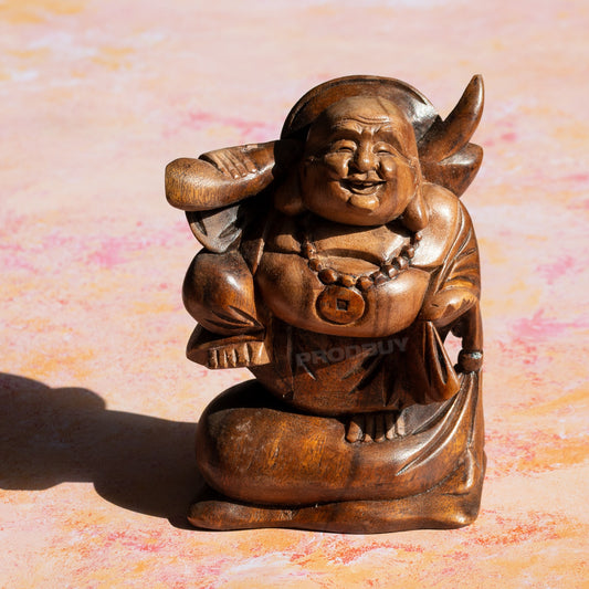 Hand Carved Wooden Laughing Buddha Ornament