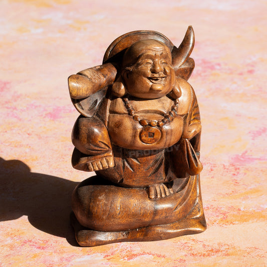 Hand Carved Wooden Laughing Buddha Ornament