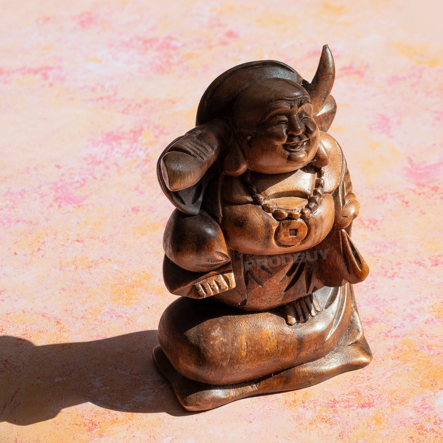 Hand Carved Wooden Laughing Buddha Ornament