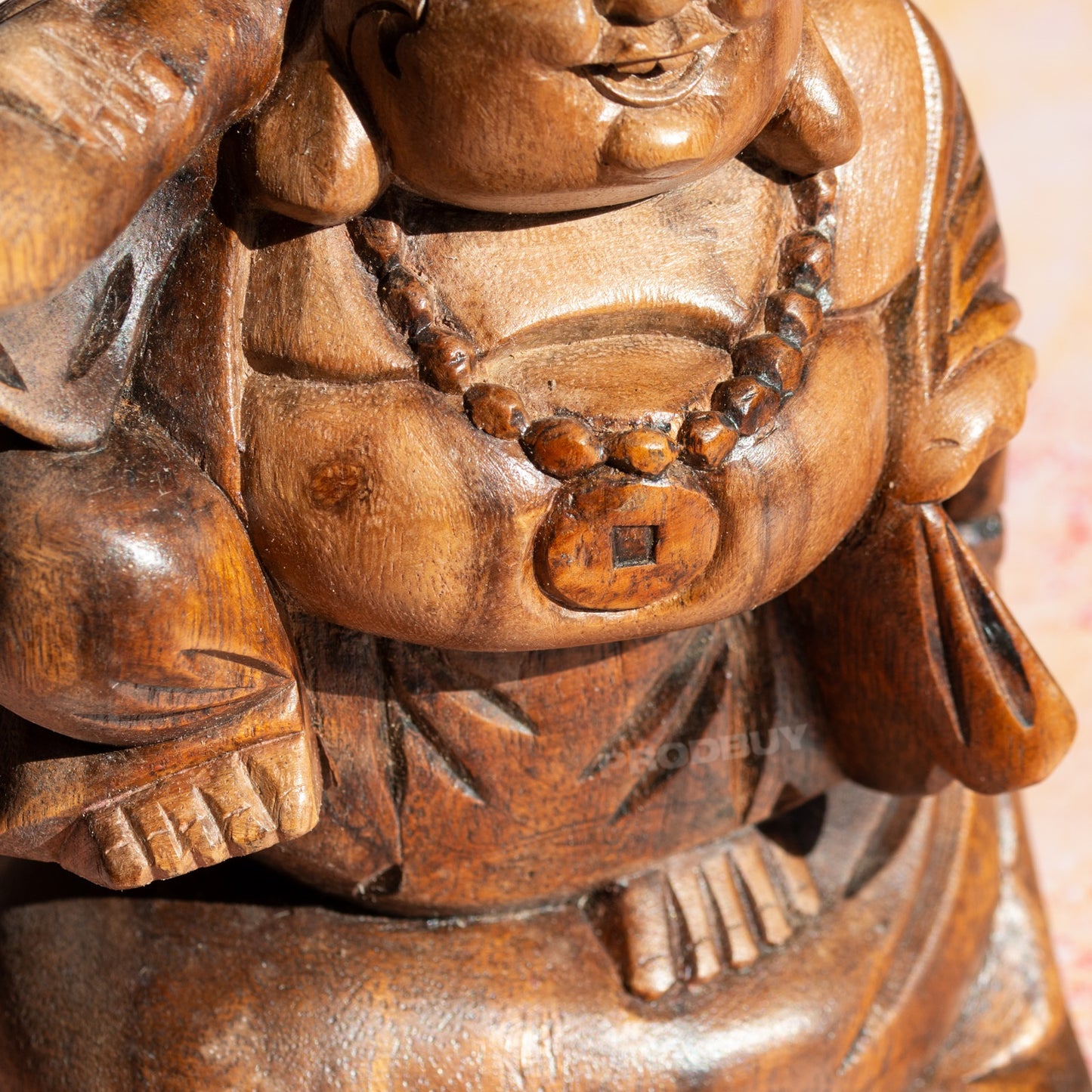 Hand Carved Wooden Laughing Buddha Ornament