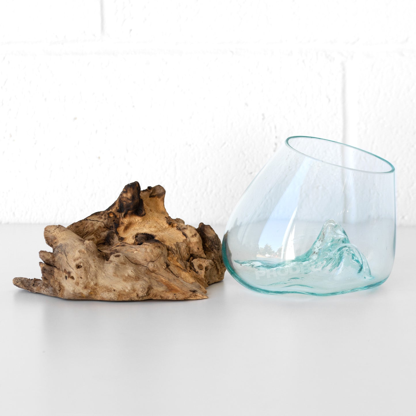 Molten 20cm Glass Bowl on Natural Teak Root Wood Stand