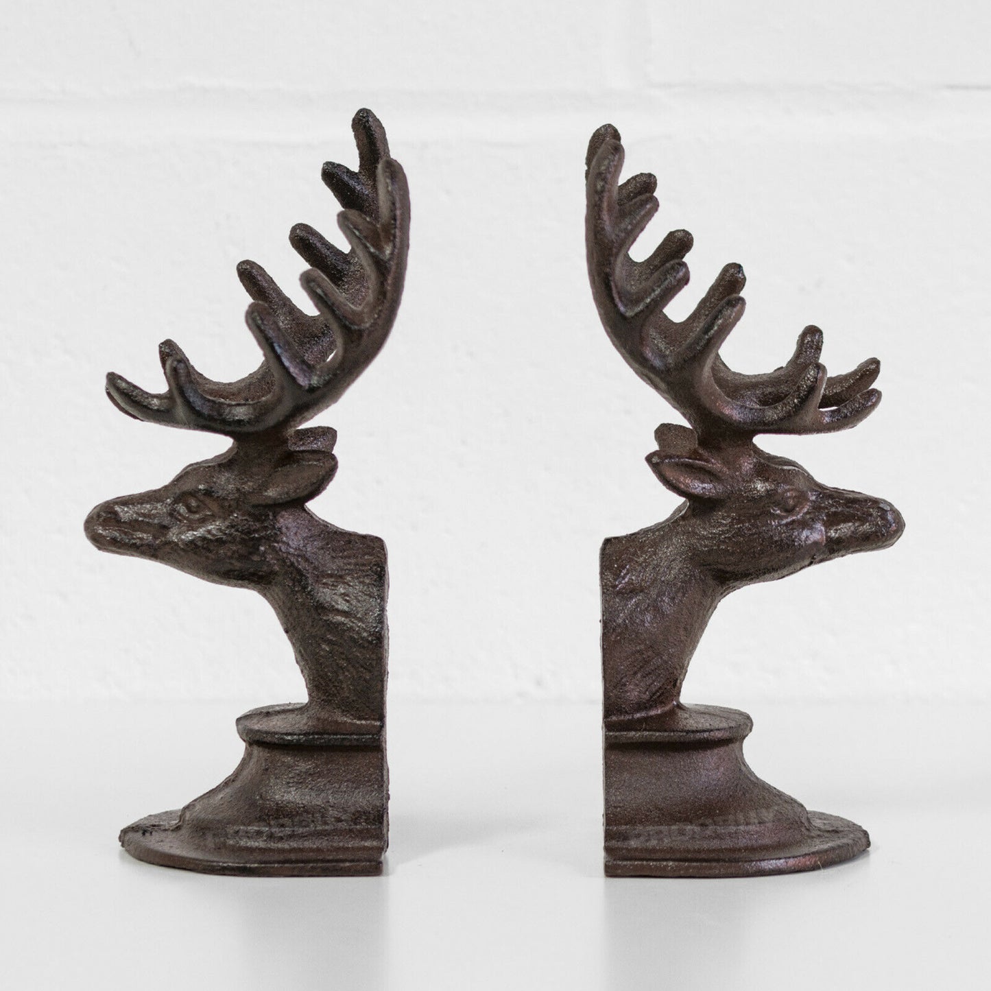 Set of 2 Cast Iron Stag Deer Head Antler Book Ends Heavy Vintage Style Bookends