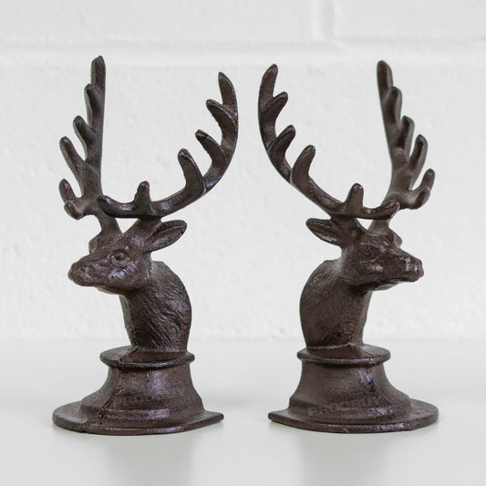 Set of 2 Cast Iron Stag Deer Head Antler Book Ends Heavy Vintage Style Bookends