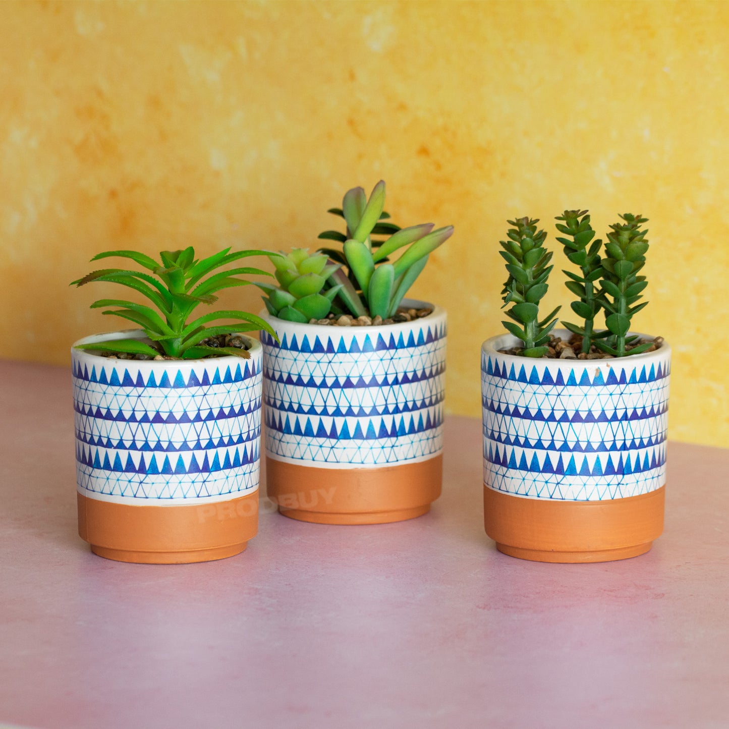 Set of 3 Blue & White Artificial Succulent Plant Pots