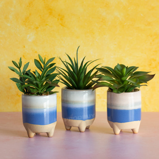 Set of 3 Mediterranean Artificial Succulent Fake Cactus House Plant Pots with Legs