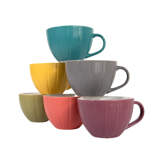 6 Piece Set of Large Ceramic Teacups - Six Assorted Colours