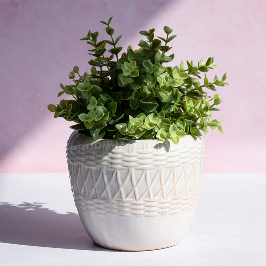 Small 13cm Plant Pot with Embossed Rounded Woven Ceramic Design