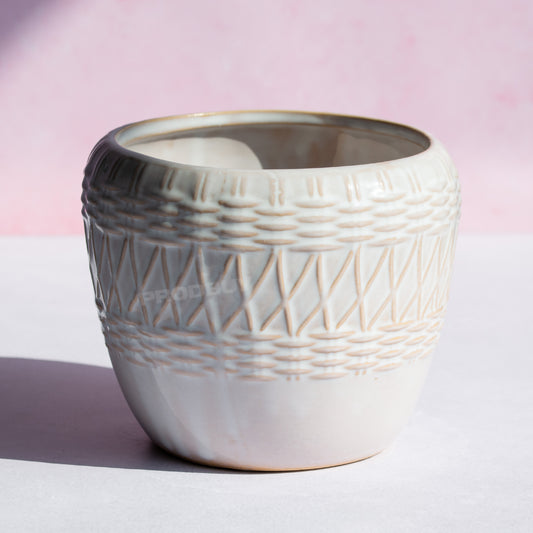 Small 13cm Plant Pot with Embossed Rounded Woven Ceramic Design