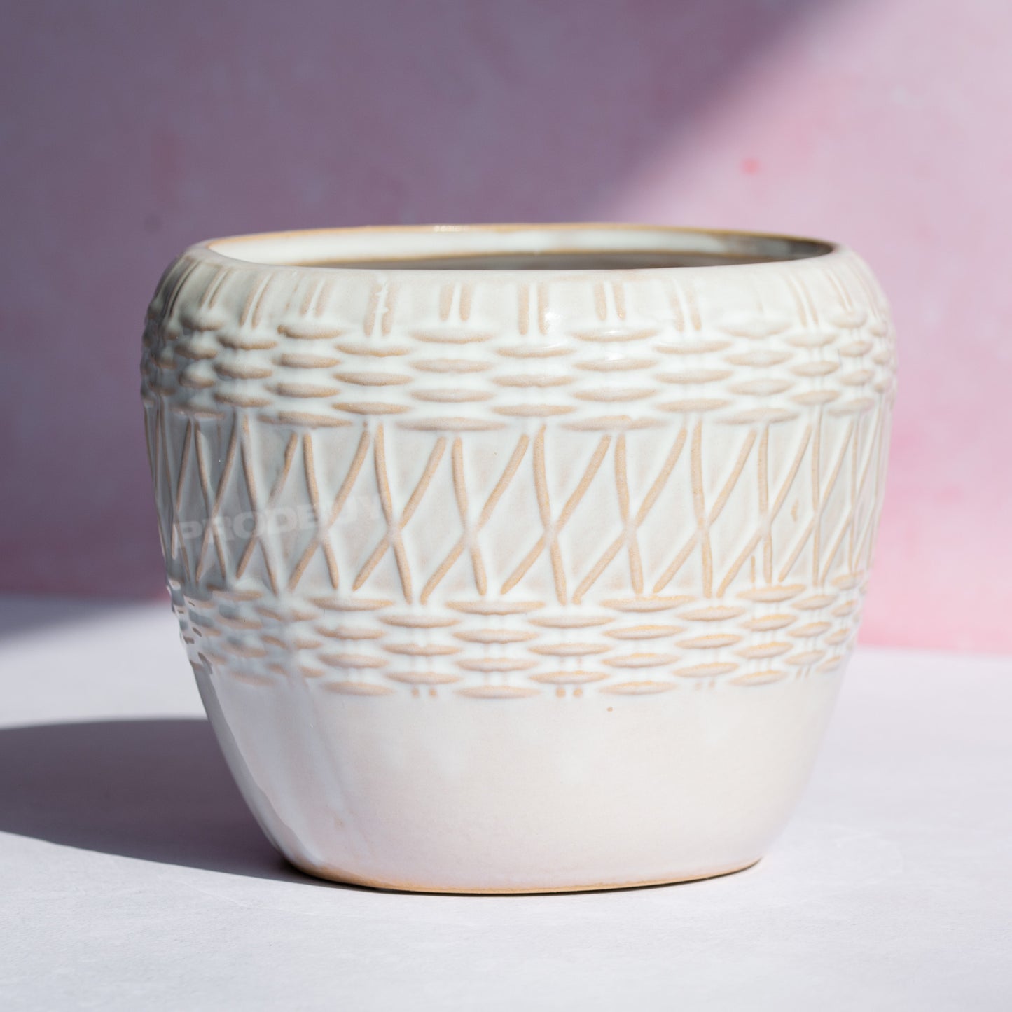 Small 13cm Plant Pot with Embossed Rounded Woven Ceramic Design