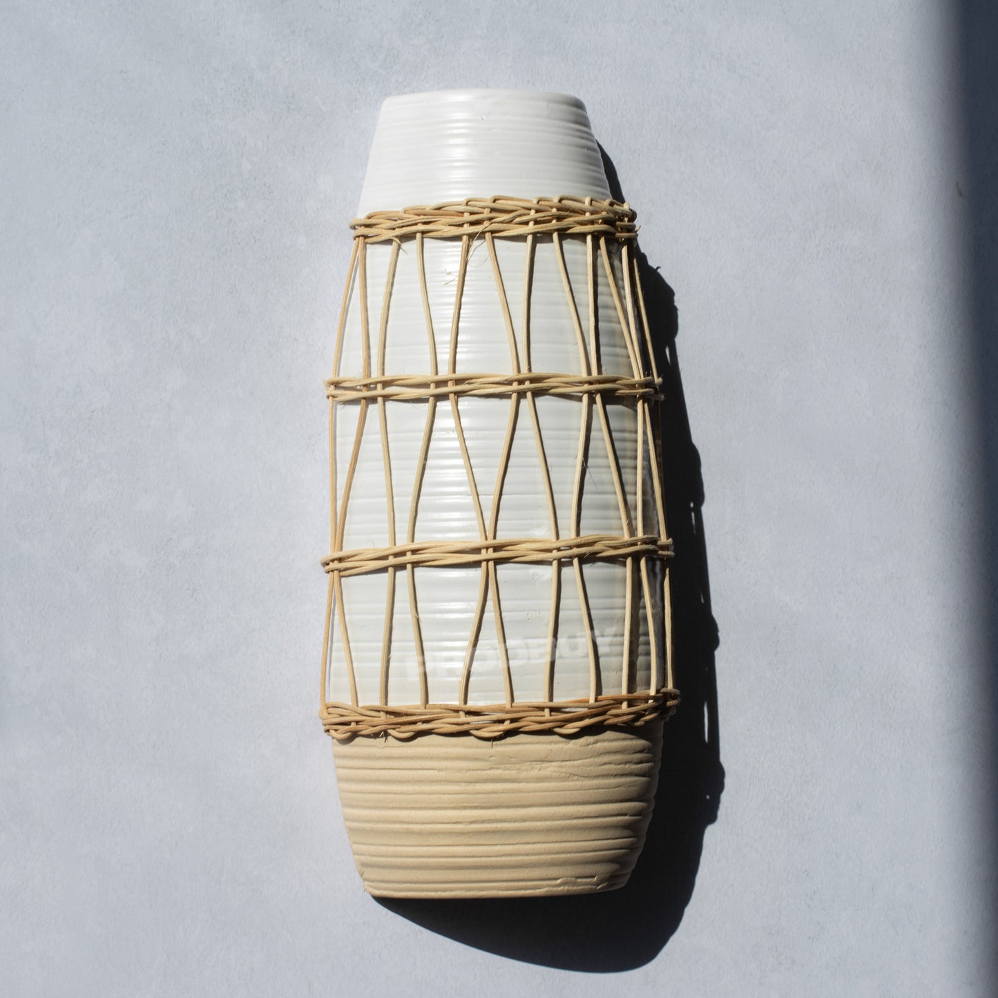 Grey & Beige Rattan Ceramic Wall Mounted Vase