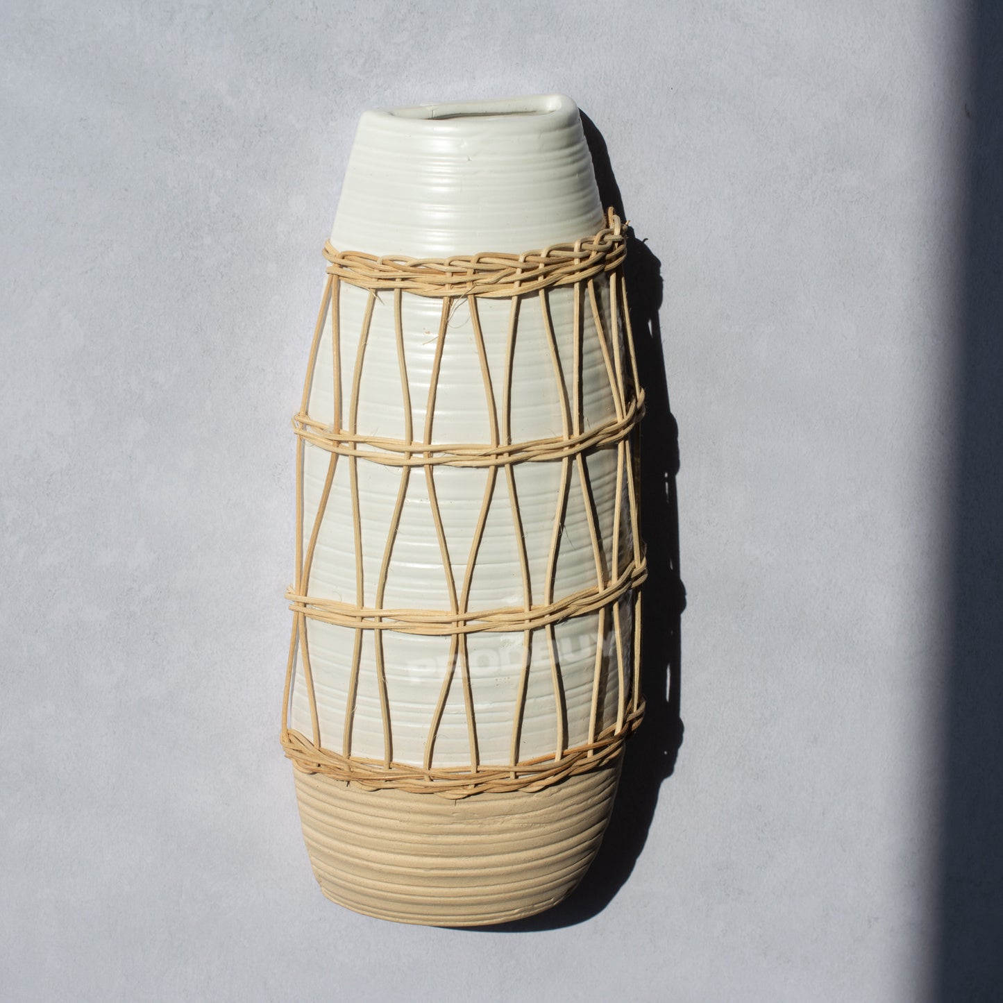 Grey & Beige Rattan Ceramic Wall Mounted Vase