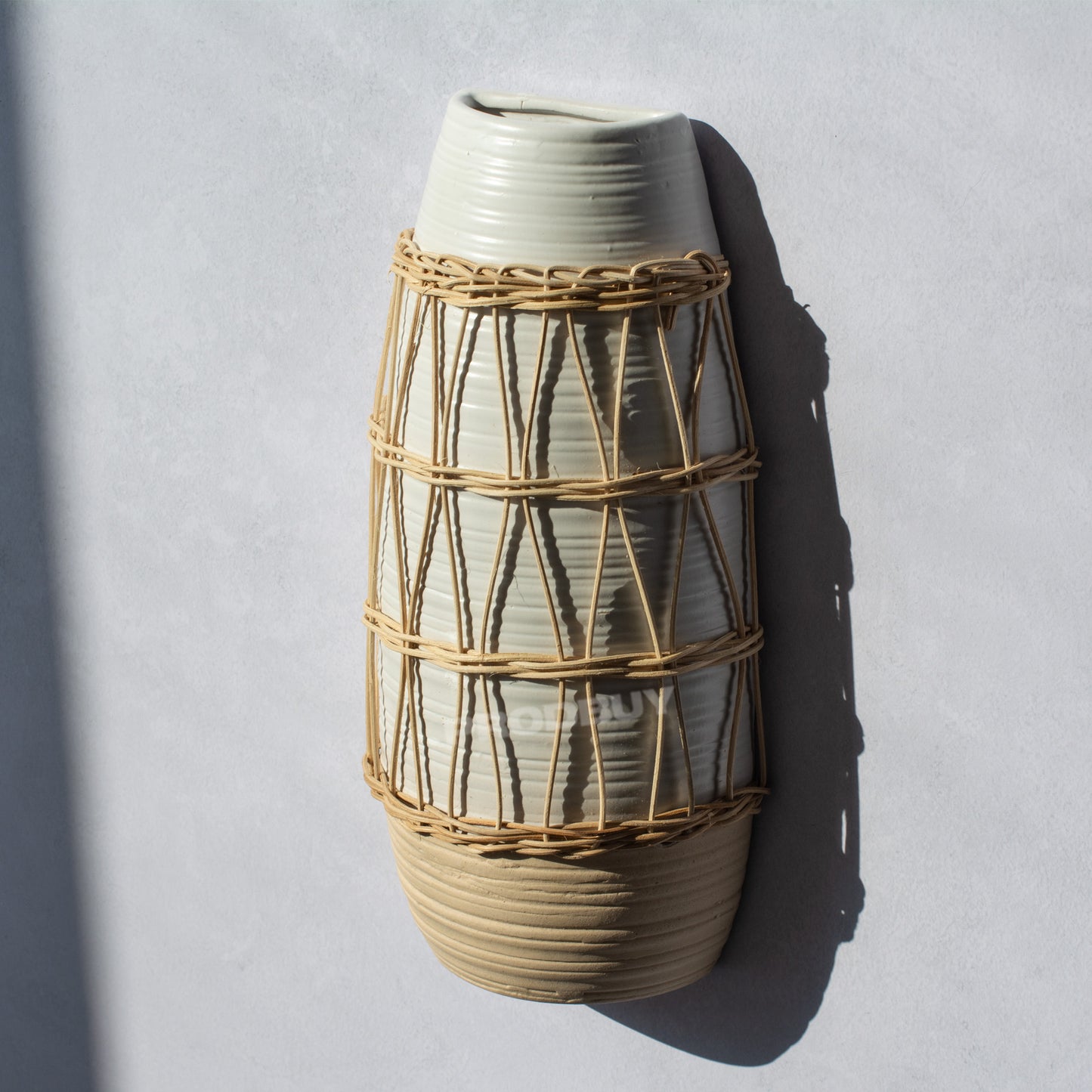 Grey & Beige Rattan Ceramic Wall Mounted Vase