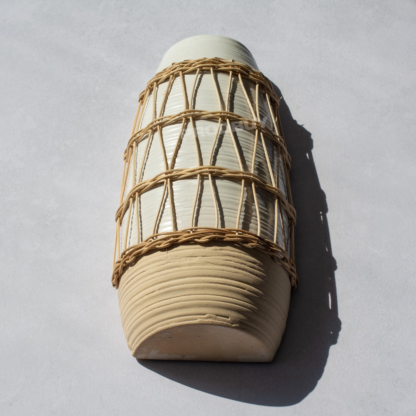 Grey & Beige Rattan Ceramic Wall Mounted Vase