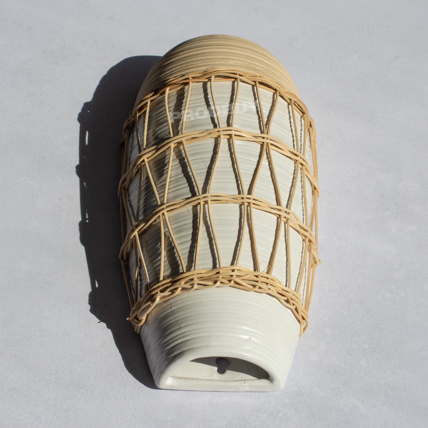 Grey & Beige Rattan Ceramic Wall Mounted Vase