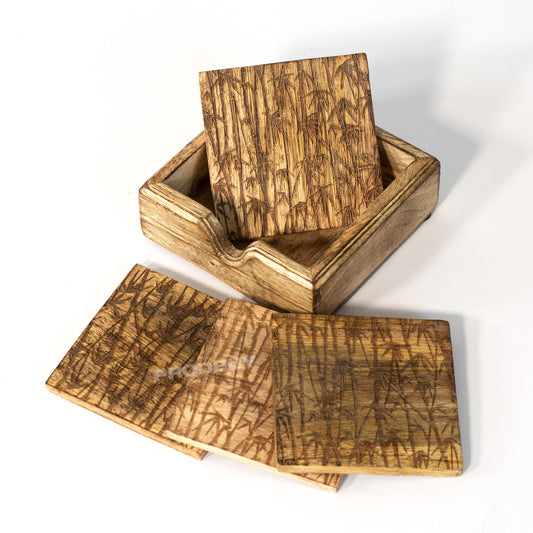 Set of 4 Engraved Mango Wood Coasters with Storage Holder