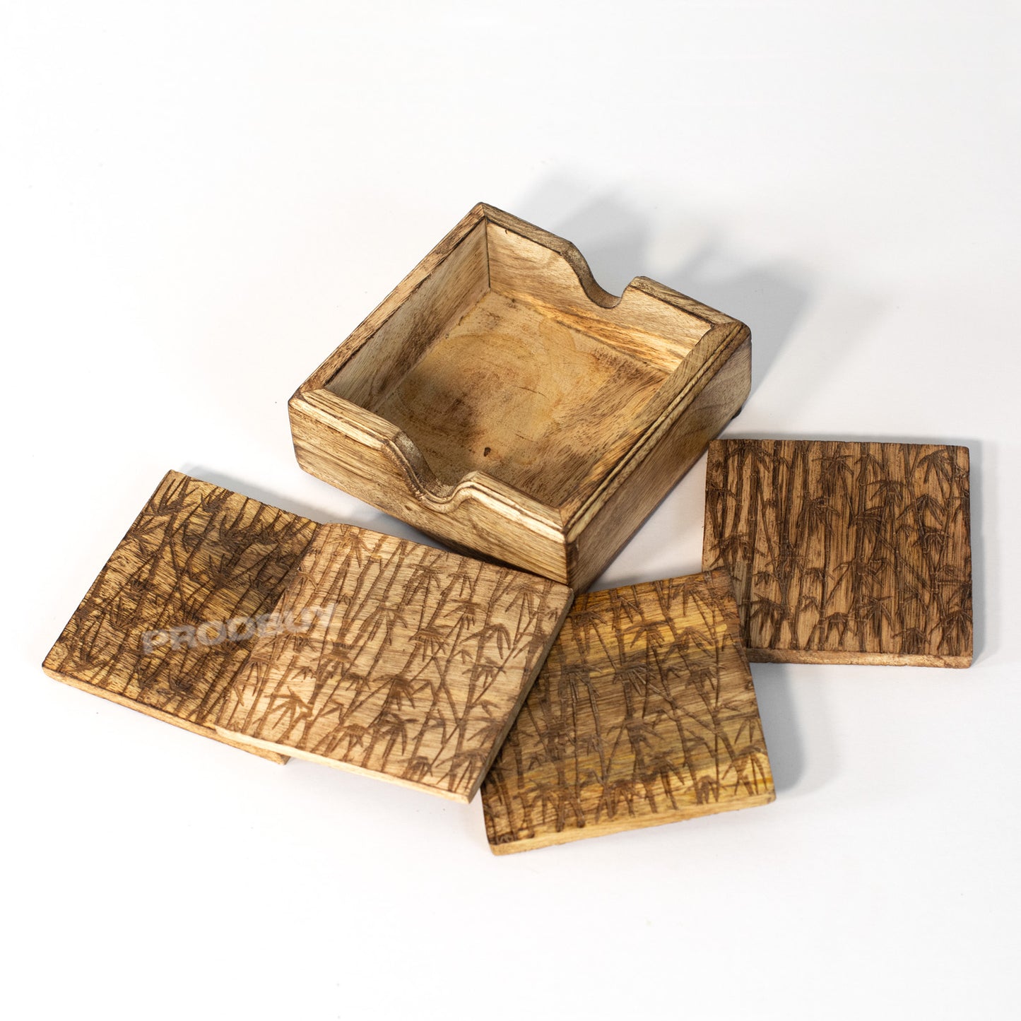 Set of 4 Engraved Mango Wood Coasters with Storage Holder