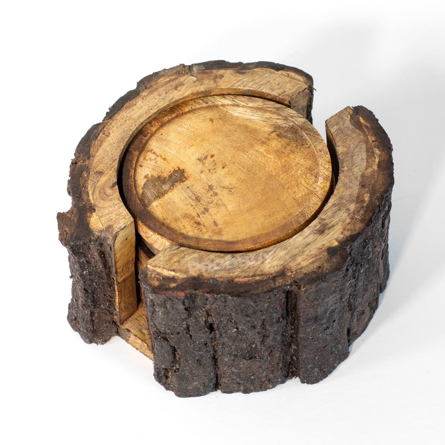 Set of 6 Round Mango Wood Coasters with Tree Bark Storage Holder