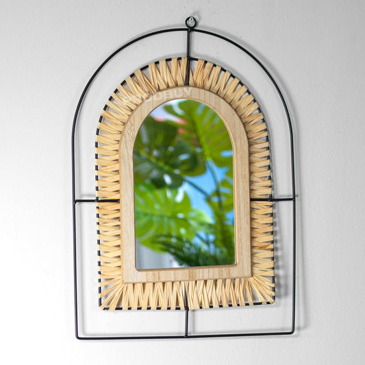 Small 47cm Arch Wall Mirror Shabby Chic Style Rattan Black Wire Frame