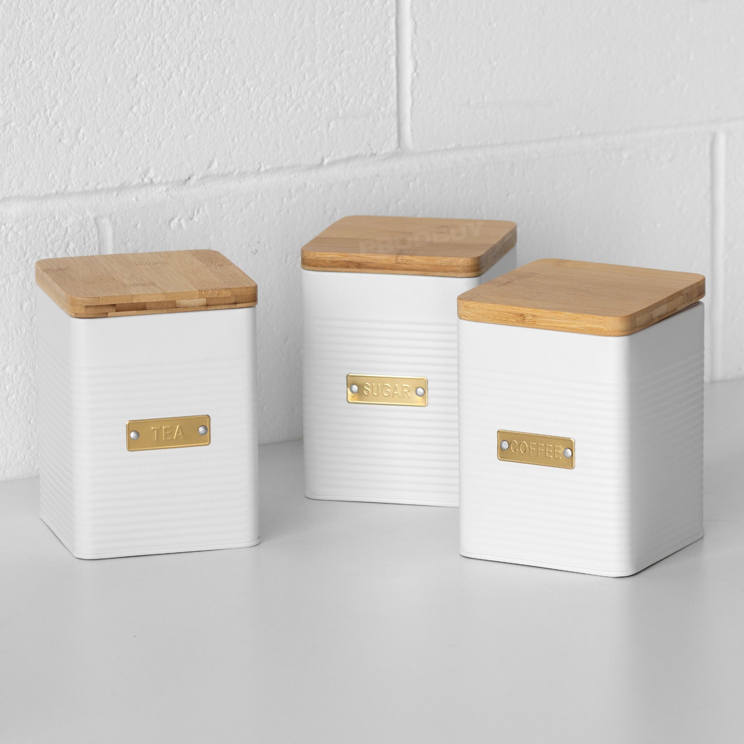 White & Gold Tea Coffee Sugar Storage Tin Set