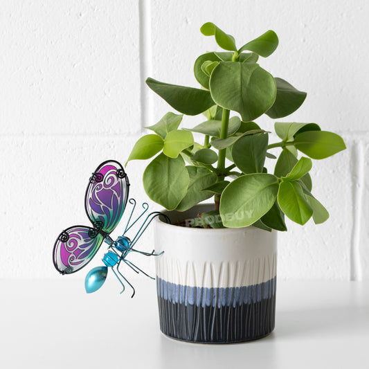 Butterfly Stained Glass & Blue Metal Plant Pot Hanger