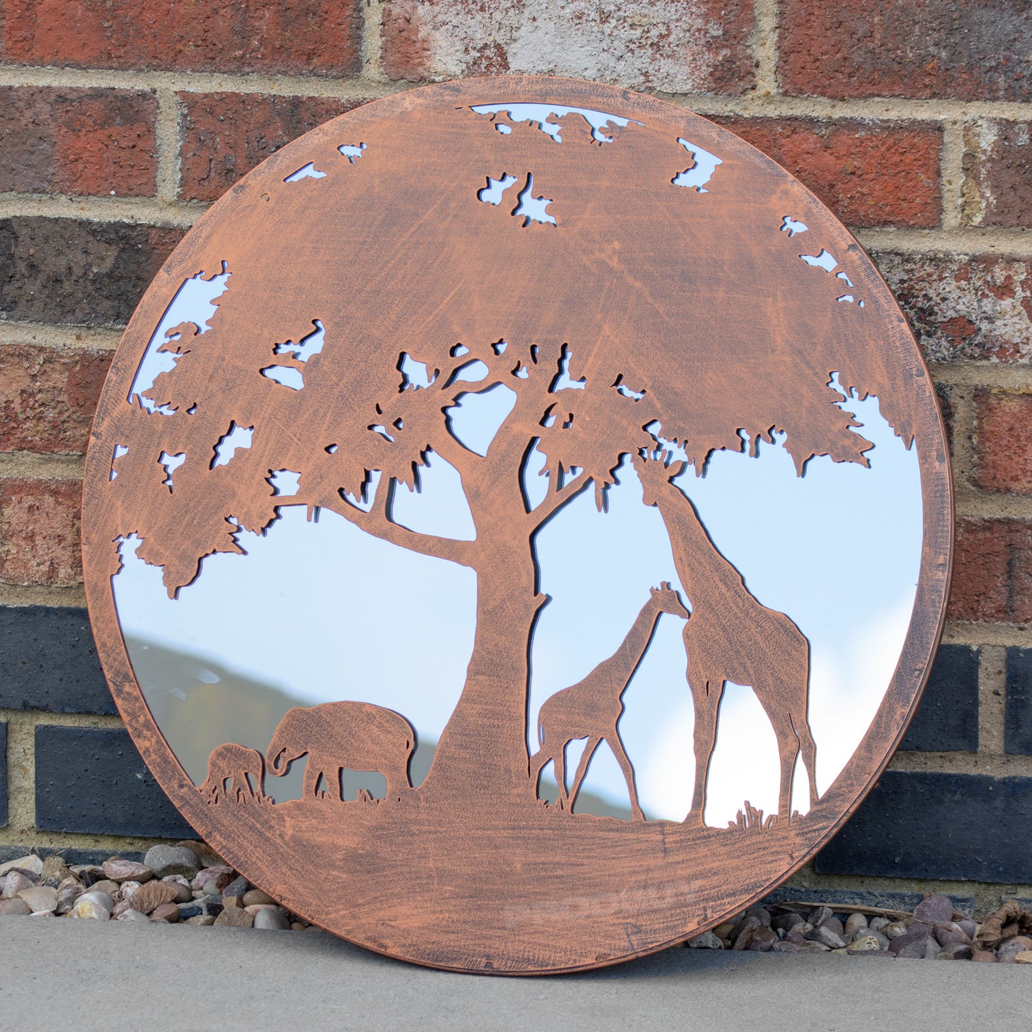 Safari Animals Silhouette Garden Mirror 50cm Large Round Bronze