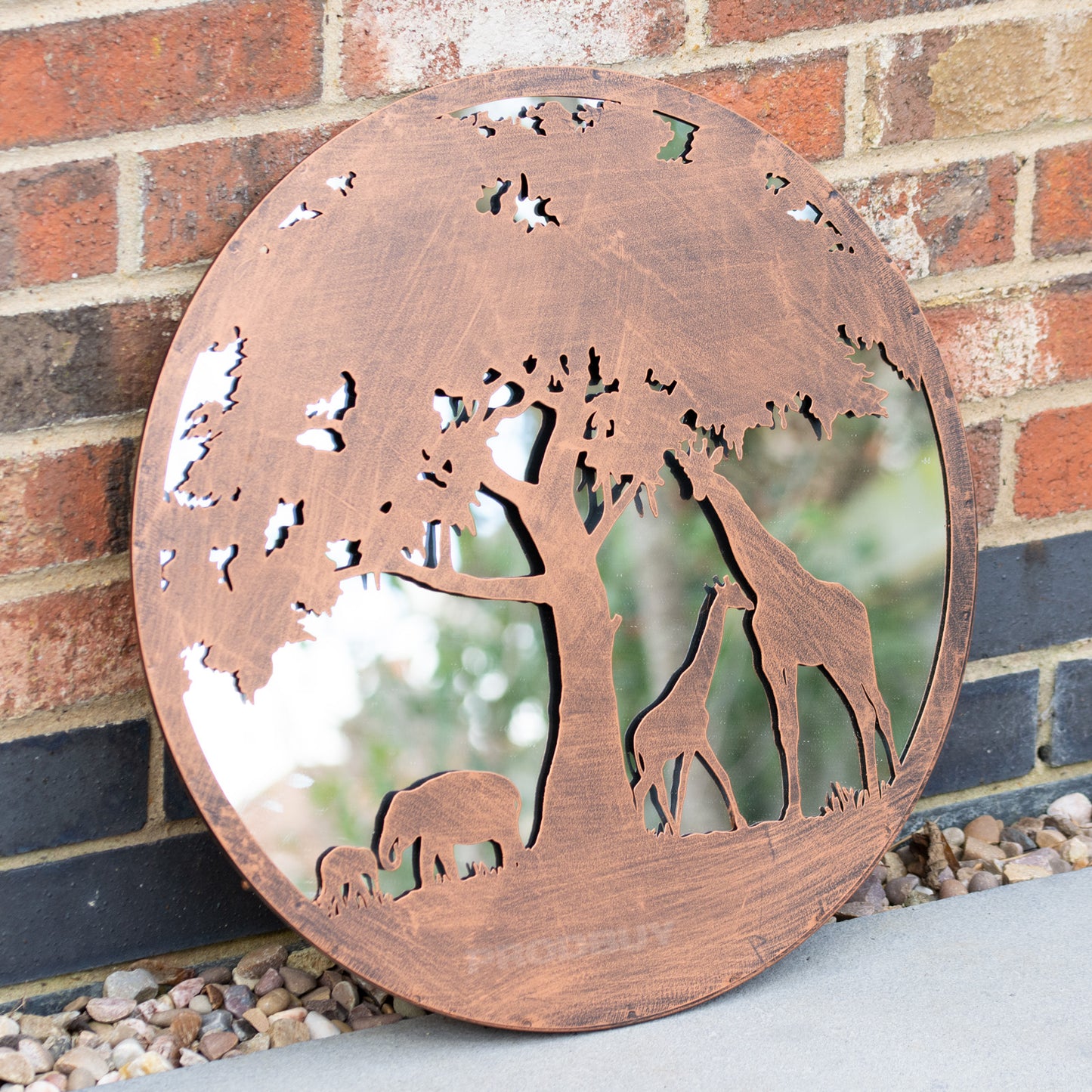 Safari Animals Silhouette Garden Mirror 50cm Large Round Bronze