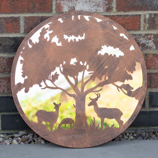 Deer Family Silhouette Garden Mirror 50cm Large Round Bronze