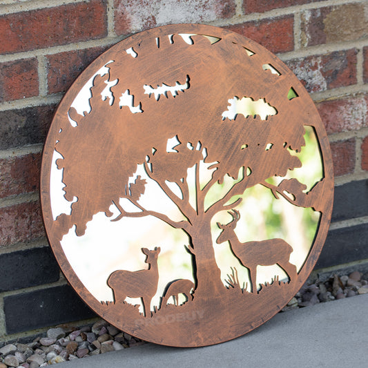 Deer Family Silhouette Garden Mirror 50cm Large Round Bronze