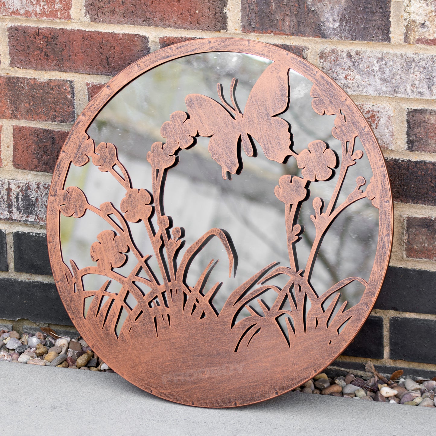 Butterfly Silhouette Garden Mirror 50cm Large Round Bronze